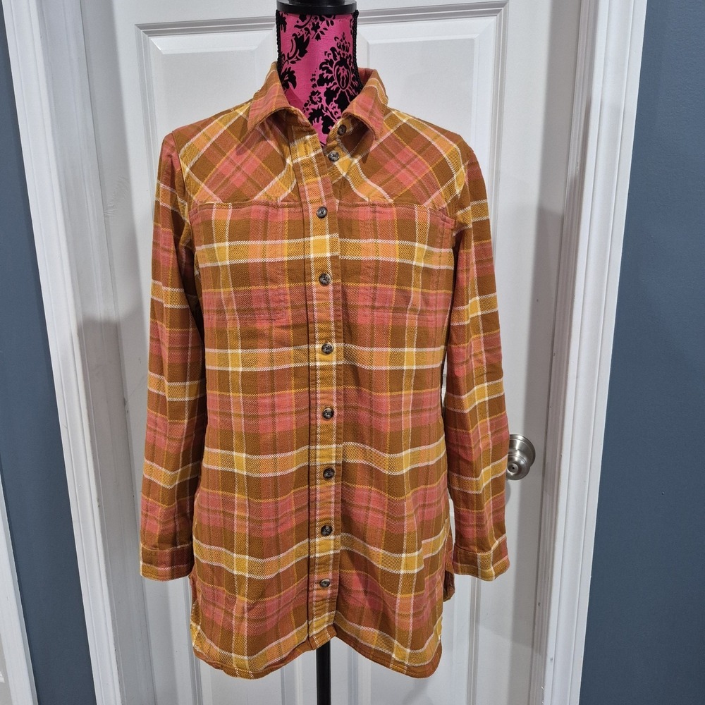 Duluth Trading Flannel Shirt Womens Small Yellow Orange Plaid Folklore Shacket‎